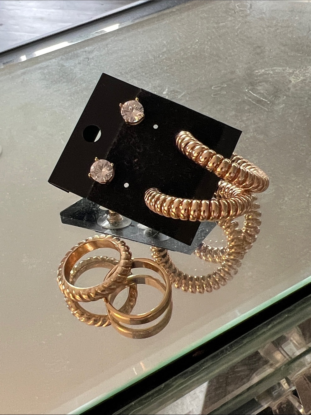 Gold-Tone Hoop Earrings, gold band rings, rhinestone studs